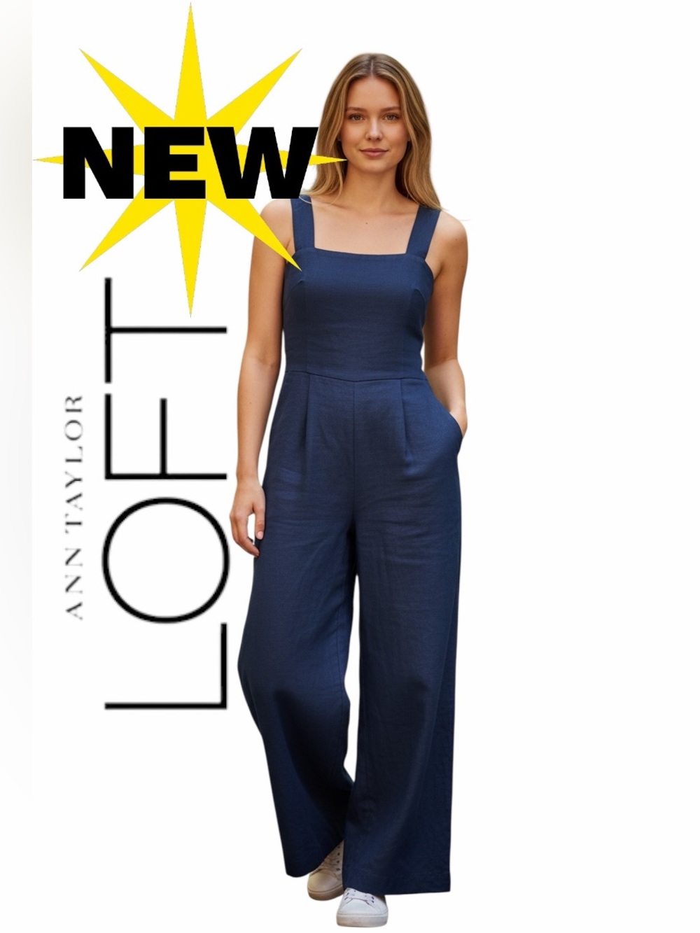 NWT Ann Taylor Loft Navy 💙 linen blend jumpsuit smocking pockets size 10 petite